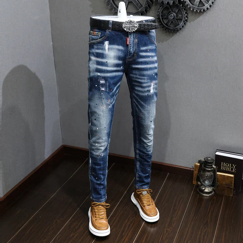 Fashion Designer Men Jeans Retro Blue Stretch Slim Fit Painted Ripped Jeans