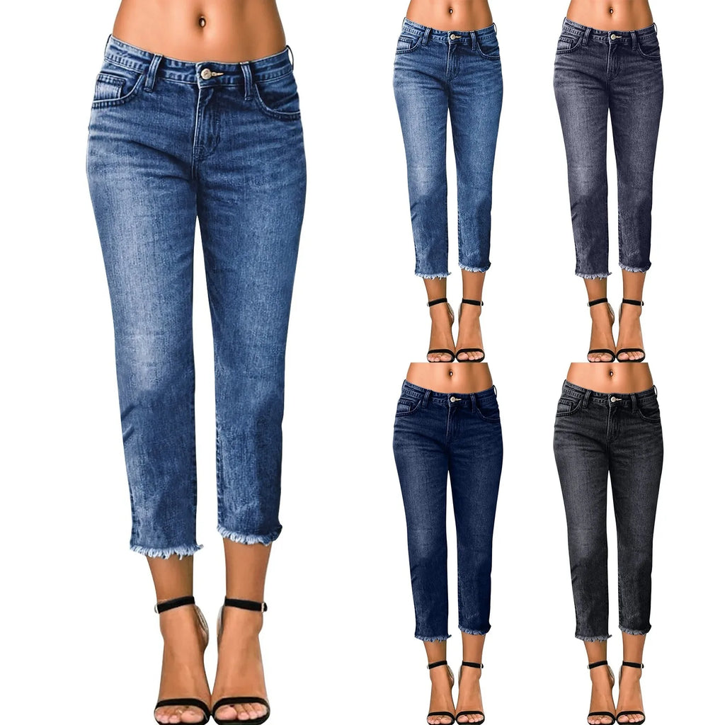 Women Stretchy Denim Pants Solid Color Streetwear Slim Jeans