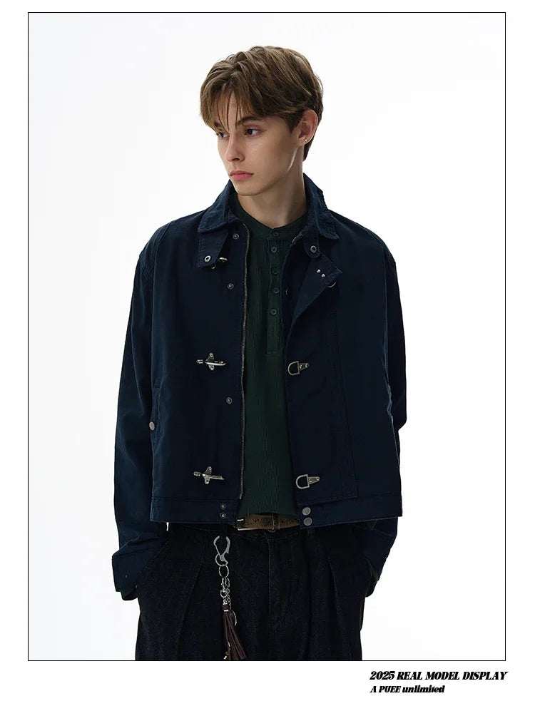 Retro Black Gothic High Street Airplane Buckle Jacket for Men and Women Korean Fashion Y2k American Retro Casual Jacket