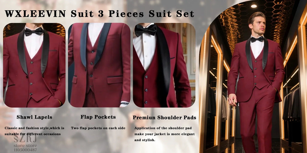 4pcs Men's Tuxedo Set:Classic Lapel Blazer,Vest,Pants&Tie High-Quality,Adjustable Waist.For Parties,Weddings, Proms. Comfy Fit.