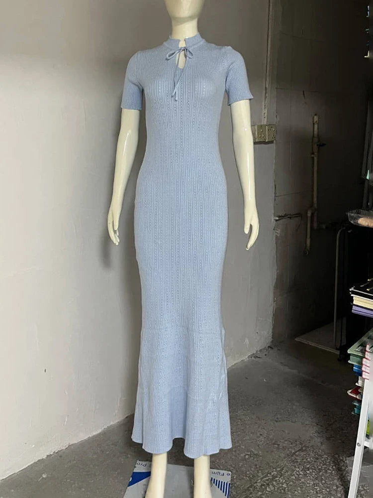 Tornova Retro Knitted Long Dress Female Short Sleeve Slim Hollow Retro Elegant Sweater Dress 2025 Summer High Waist Woman Dress