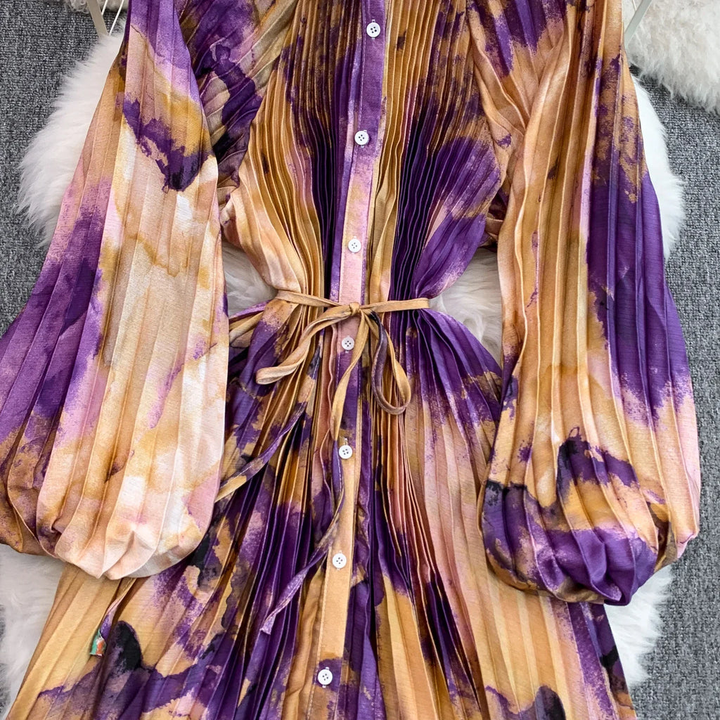 Printed round Ne Lantern Sve Dr Women's Single Button Waist Cinch Maxi Skirt Long Dr Commute Sle Autumn