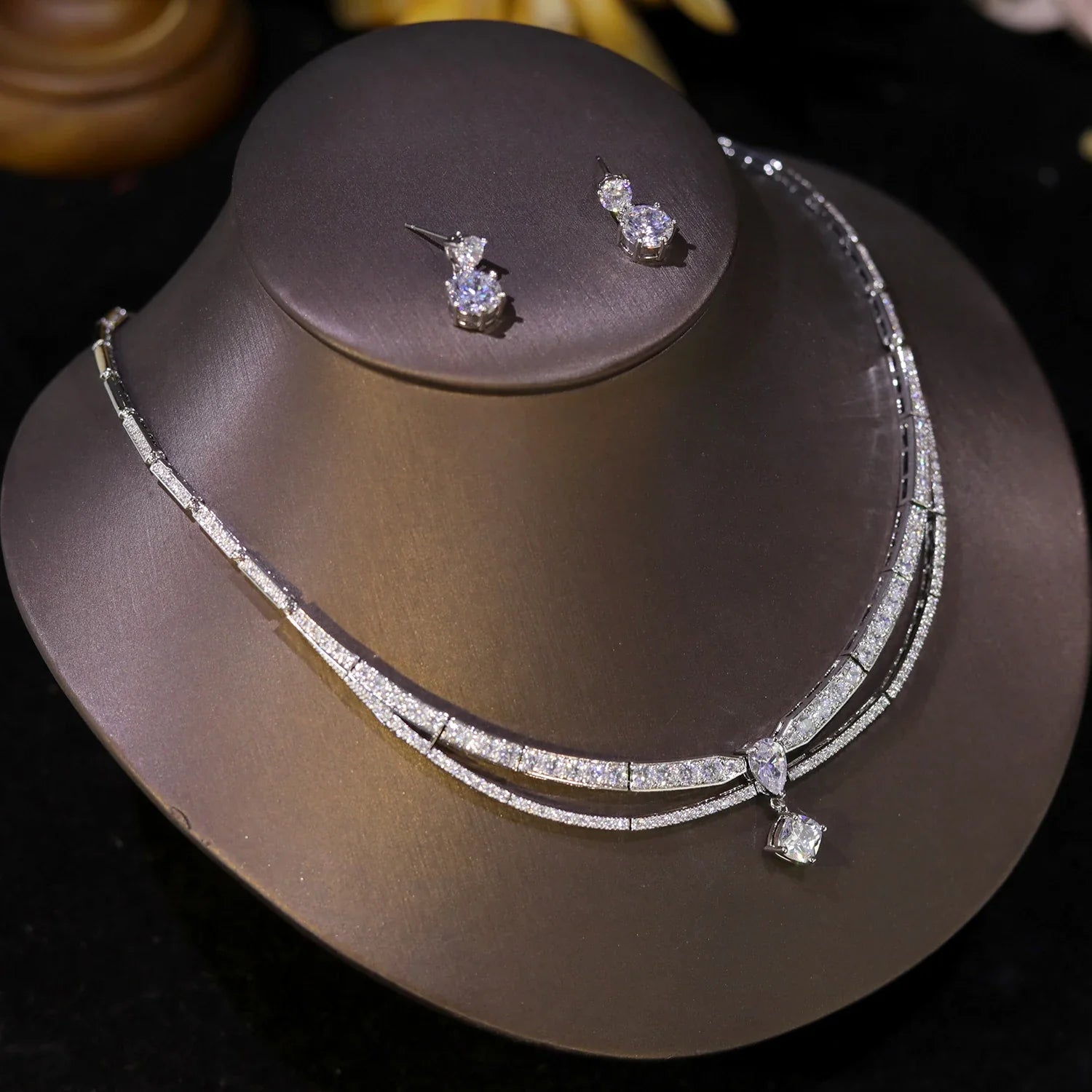 High Quality Cubic Zirconia Bridal Wedding Jewelry Water Drop Pedant Necklace 2PCS Set Lady Party Accessories X0654