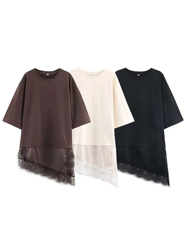 Women Vintage Solid Lace Patchwork T-Shirts Asymmetrical Hem O Neck Short Sleeve Shirt 2026 Trend High Street Lady Chic TEES