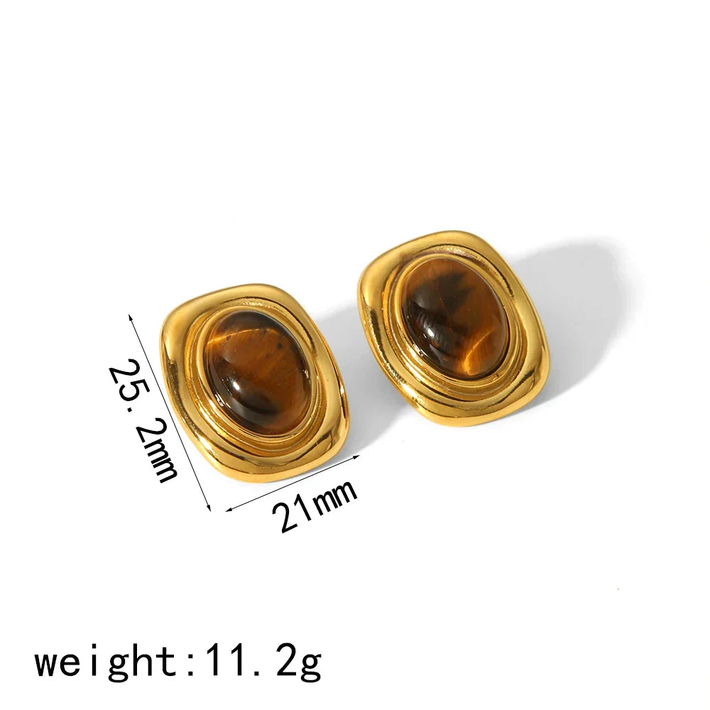 New Products Statement Nature Stone Tiger-eye Earrings Waterproof Gold Plated Stainless Steel Pearl Stud Earrings for Women