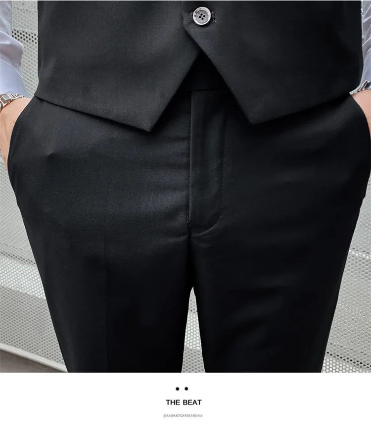 Solid Color Suit Men's Fashionable Gentleman Business Banquet Korean-style Formal Dress Casual Wedding (Blazer+Vest+Trousers)