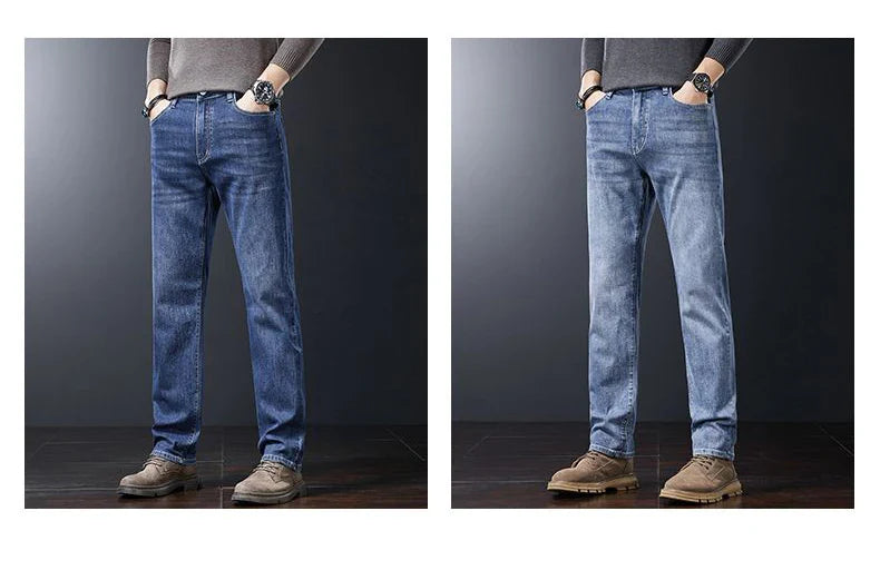 Men's Soft Stretch Straight Jeans Business Casual Slim Fit Wash Denim Pants Korean Fashion Blue Gray Male Brand Trousers
