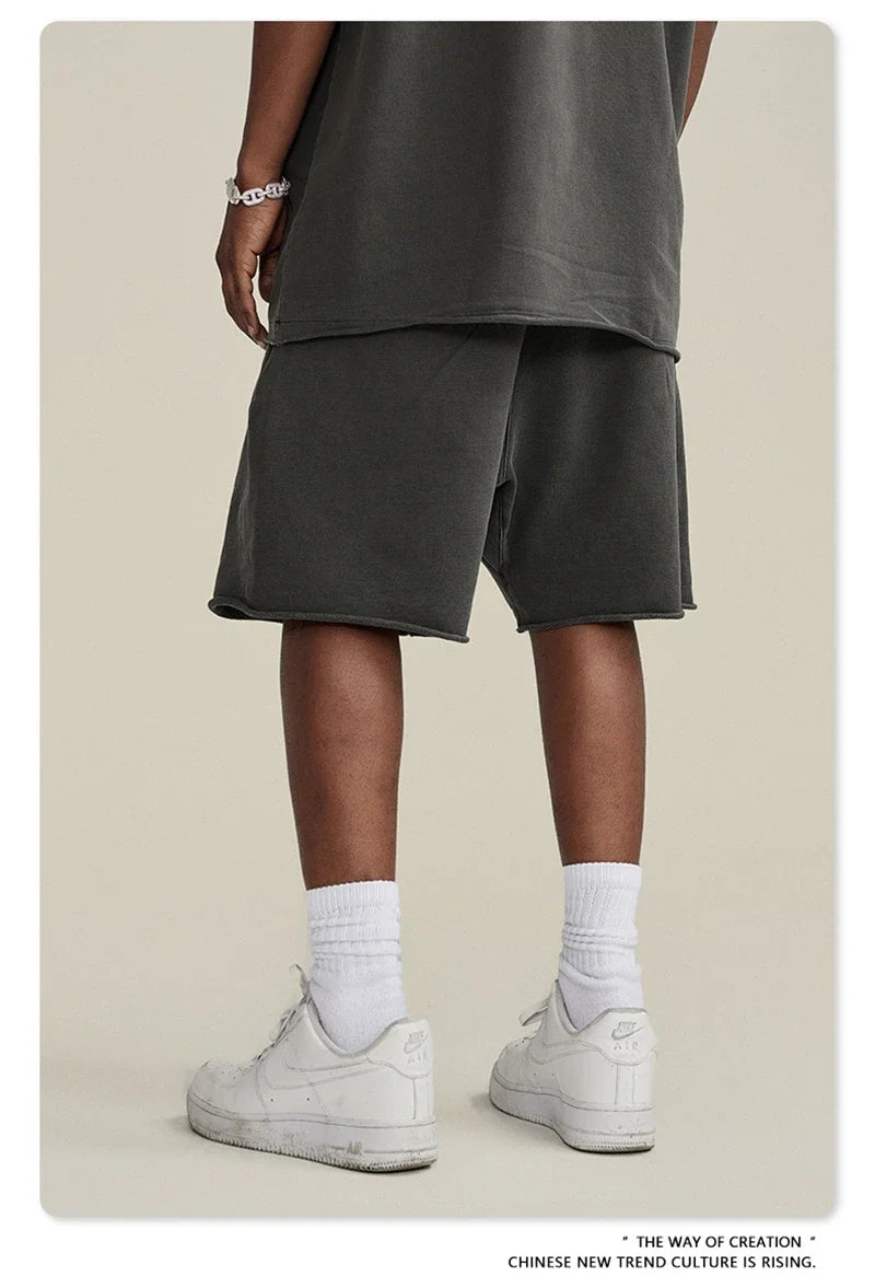 New Summer Men Retro Washed Shorts Unisex Drawstring Loose Edge 420gsm Solid Knee Length Cotton Pants Streetwears HY0589