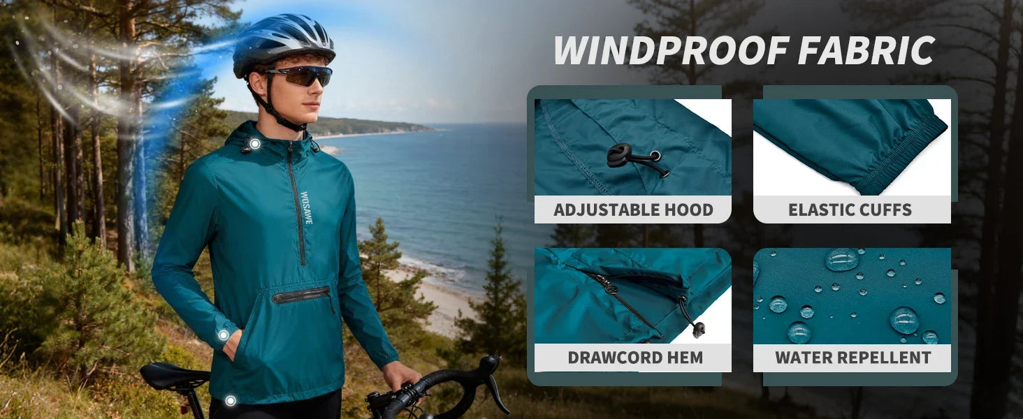 Spring Men Bike Windbreaker Water Repellent Half Zip Jacket Pullover Packable Windproof Hooded Cycling Jacket
