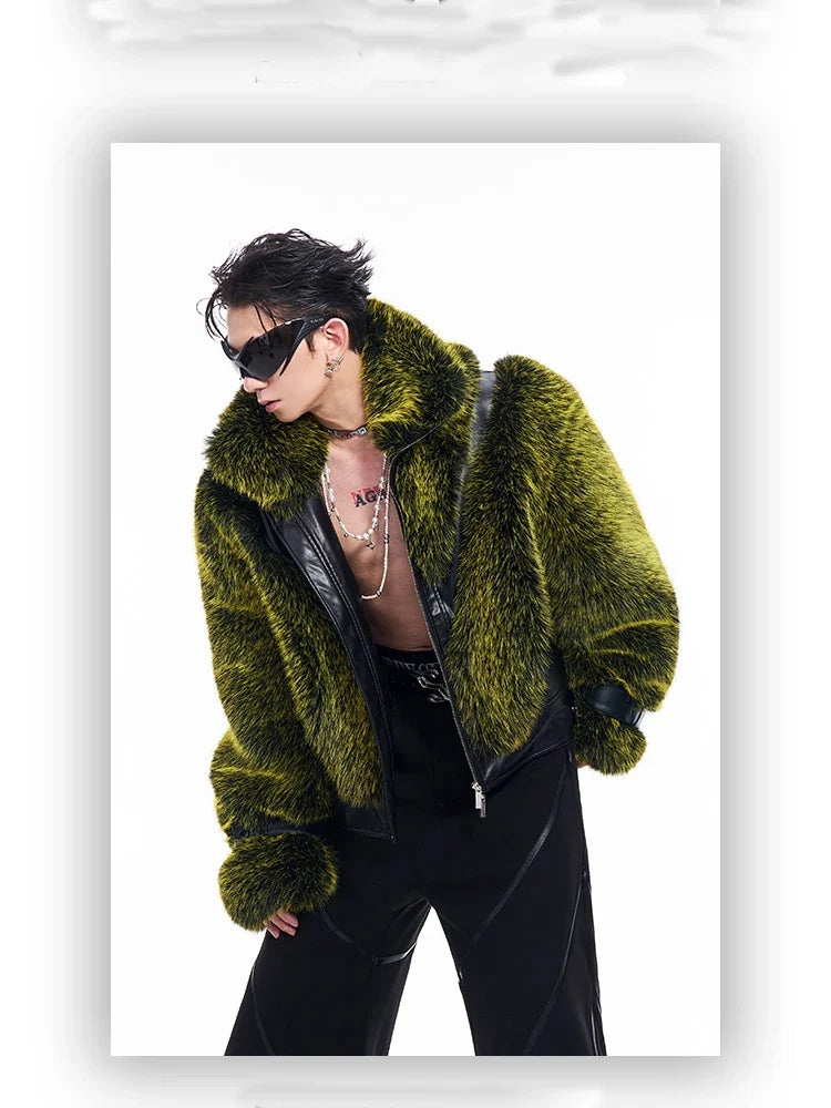 Autumn Winter Cool Handsome Thick Warm Patchwork Faux Fur Coat Men Luxury Designer Clothes Zip Up Fluffy Jacket 2025