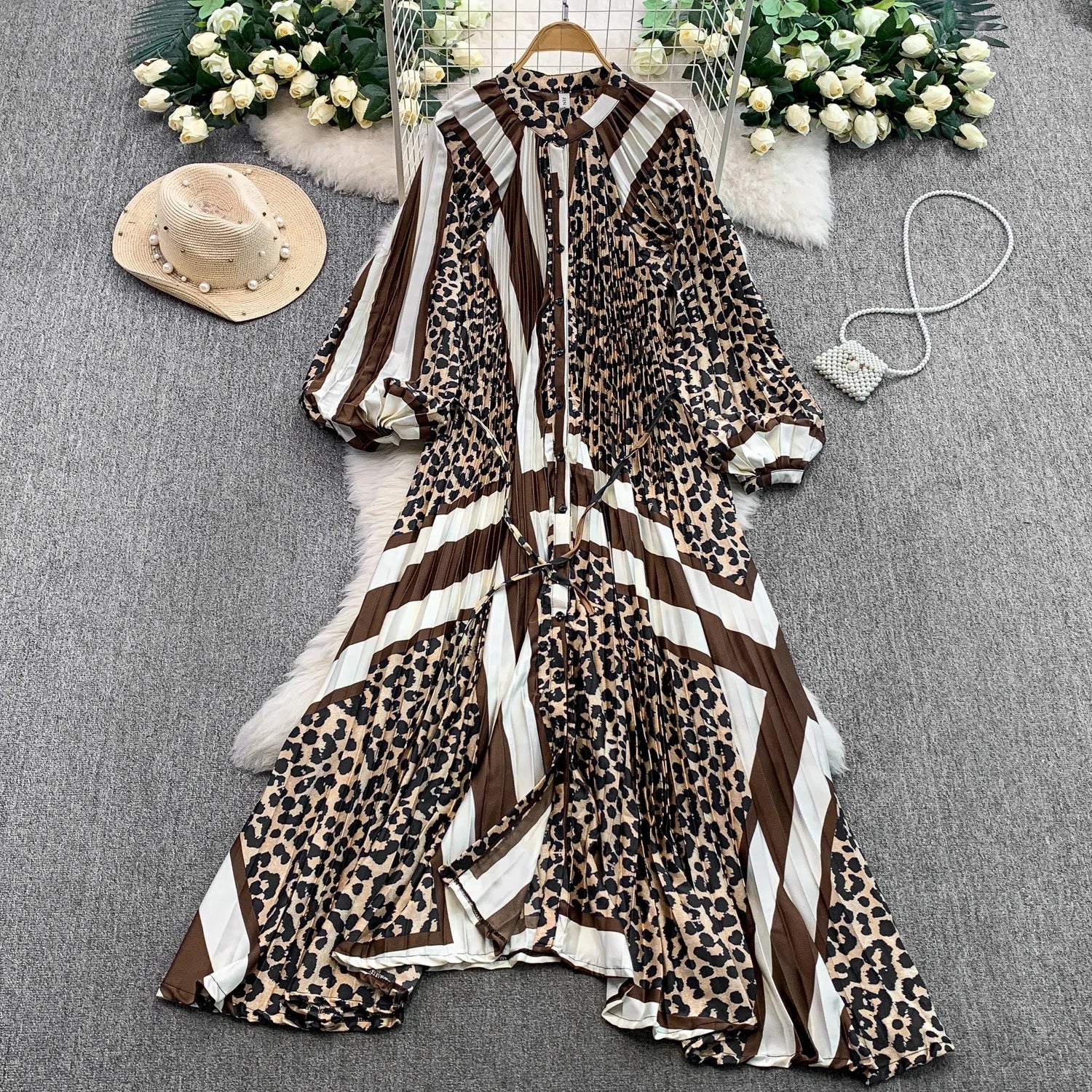 Printed round Ne Lantern Sve Dr Women's Single Button Waist Cinch Maxi Skirt Long Dr Commute Sle Autumn