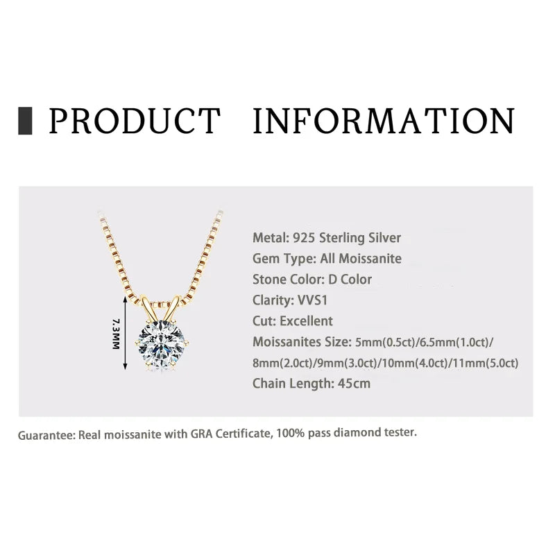 Certified Multi-size Round Moissanite Solitaire Pendant Necklaces 925 Sterling Silver Necklace For Women Jewellry Gifts