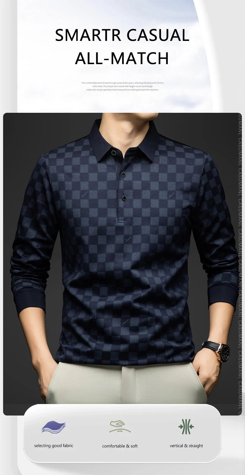 Polo Shirts for Man Autumn Business Slim Fit Long Sleeve T Shirt Men 2026 New Casual Loose Pullover Plaid Men Tops & Tees