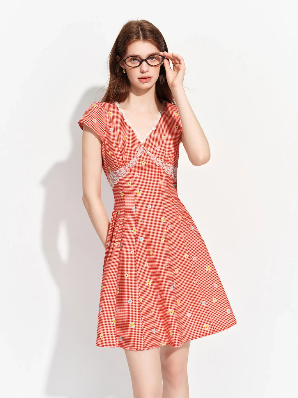 Women's 2026 Summer New Arrival French Pastoral Style V-Neck Lace Spliced Embroidered Dress Openwork Floral Plaid Pattern