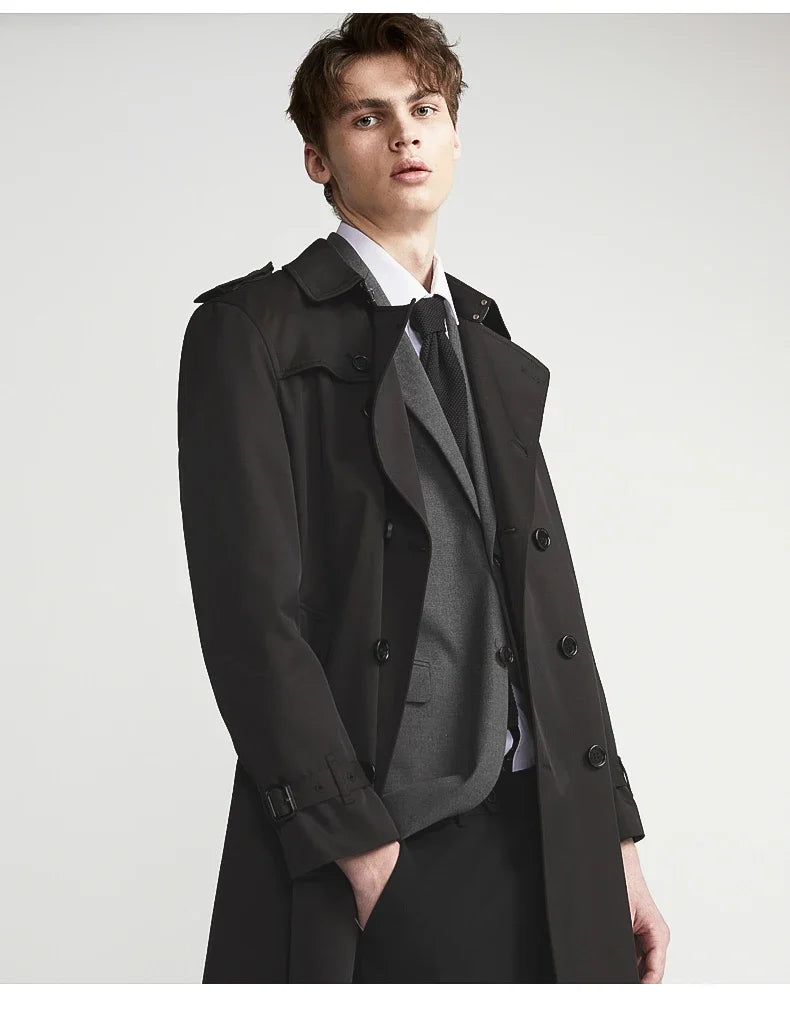 Spring Autumn Long Chic Khaki Trench Coat Men Belt Double Breasted Elegant Luxury British Style Black Overcoat 2025