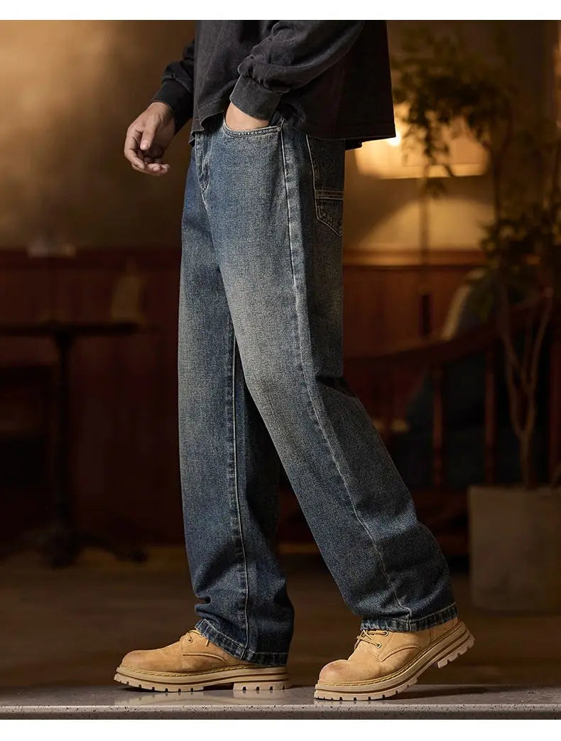 American Men's Y2K Retro Blue Denim Jeans Autumn Spring Relaxed Fit Korean Streetwear Casual Wide-leg Pants with Spliced Pockets