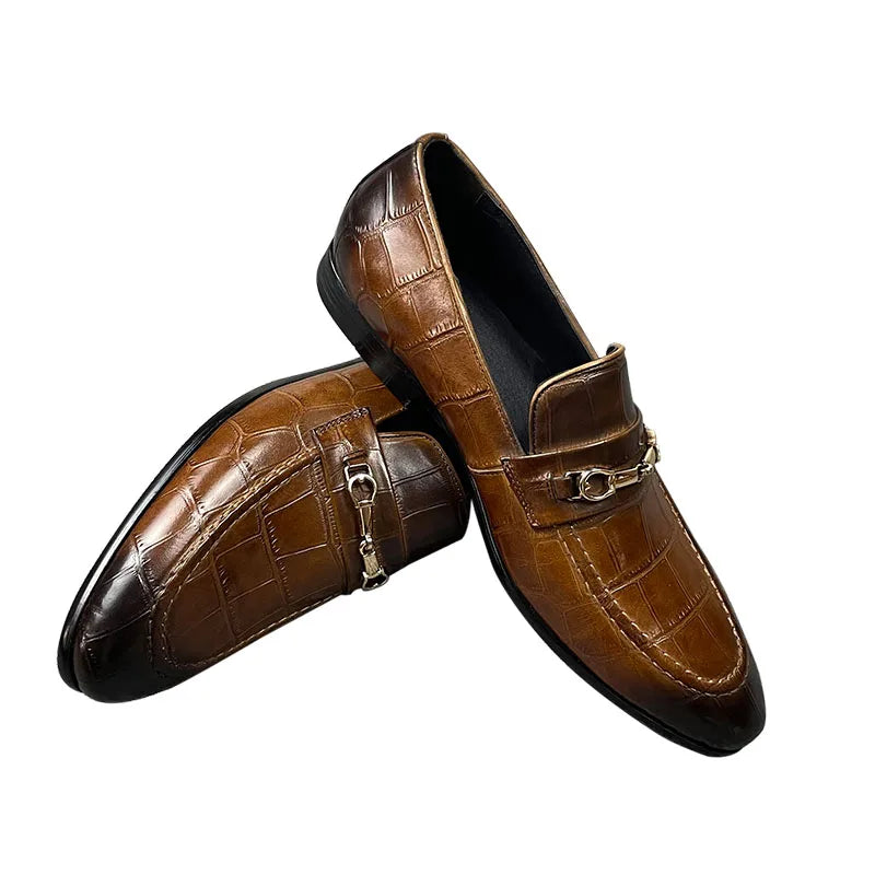 Men's Genuine Leather Loafers|Crocodile-Print Slip-On Shoes for Men|Pointed Toe Fashion Footwear|Comfortable Men's Dress Shoes