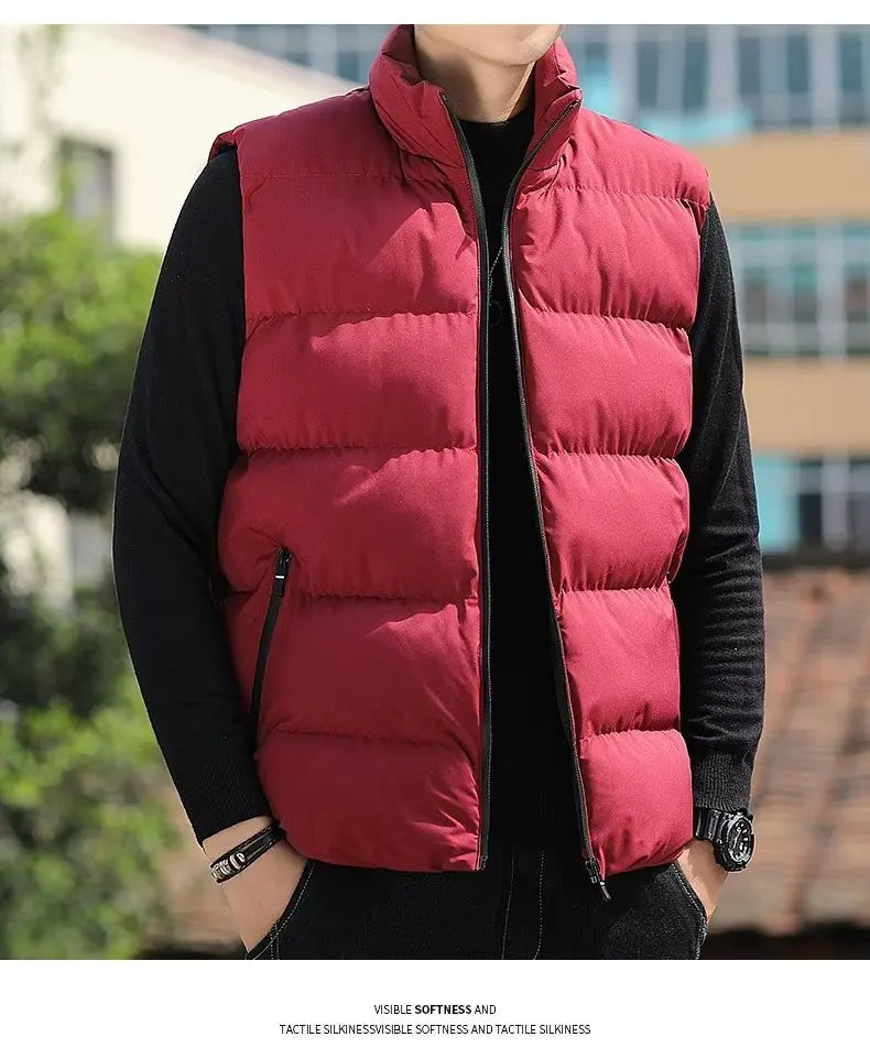 Men's down Vest Thickened Casual Style Stand Collar Jacket Autumn Winter New Fashion Youth Active Fit Zipper Pocket Daily Wear