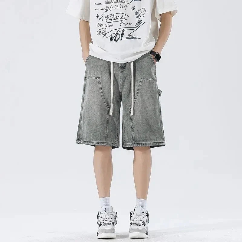 Fashion Streetwear Men's Denim Shorts Summer Loose Vintage Harajuku Splicing Hip-hop Cargo Moto Short Jeans Black Blue