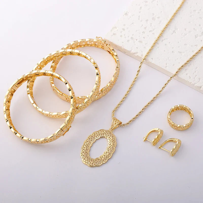 Morocco Trend 18k Gold Color Jewelry Set for Party Design Earrings and Pendant Necklace Bracelet Ring Set for Engagement