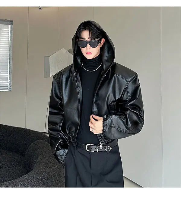 Spring Autumn Short Waterproof Black Pu Leather Jacket Men Hood Zipper High Waist Loose Casual Korean Fashion 2025