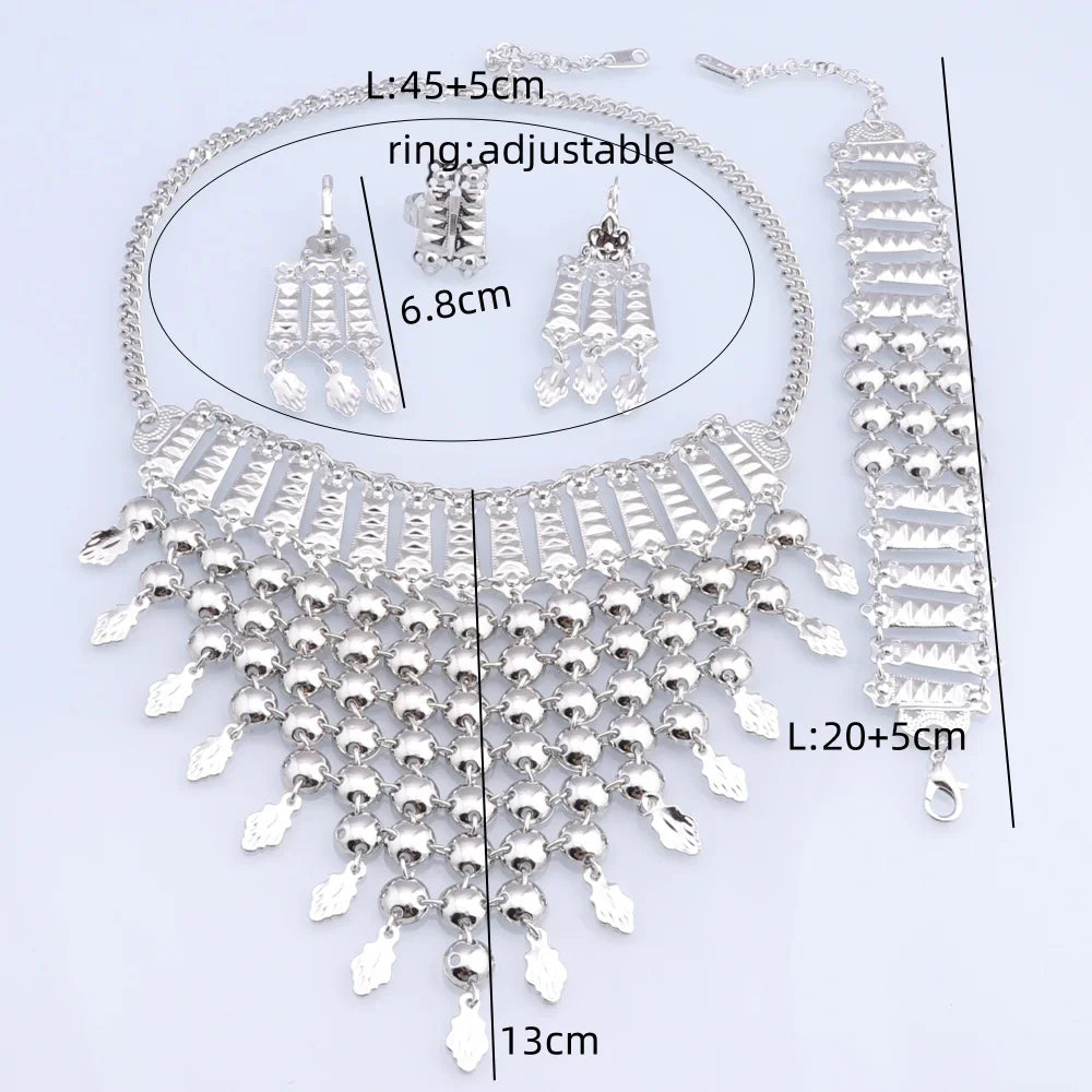 New Tassels Silver Plated Necklace Earrings Bracelet Ring Set for Women Bridal Chains Ethinc Wedding Jewelry Bride Gifts