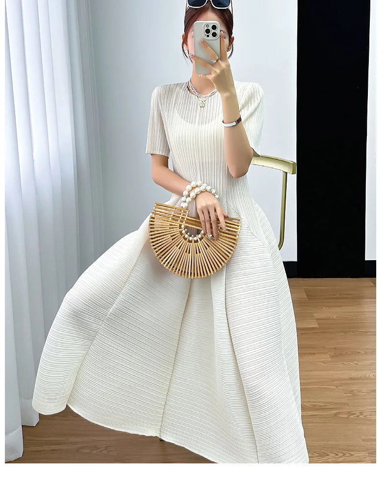 Y2k Pleated Women's Dress Bubble Short-sleeved Loose Slim Thin Medium-length Dresses for Women 2024 Summer New