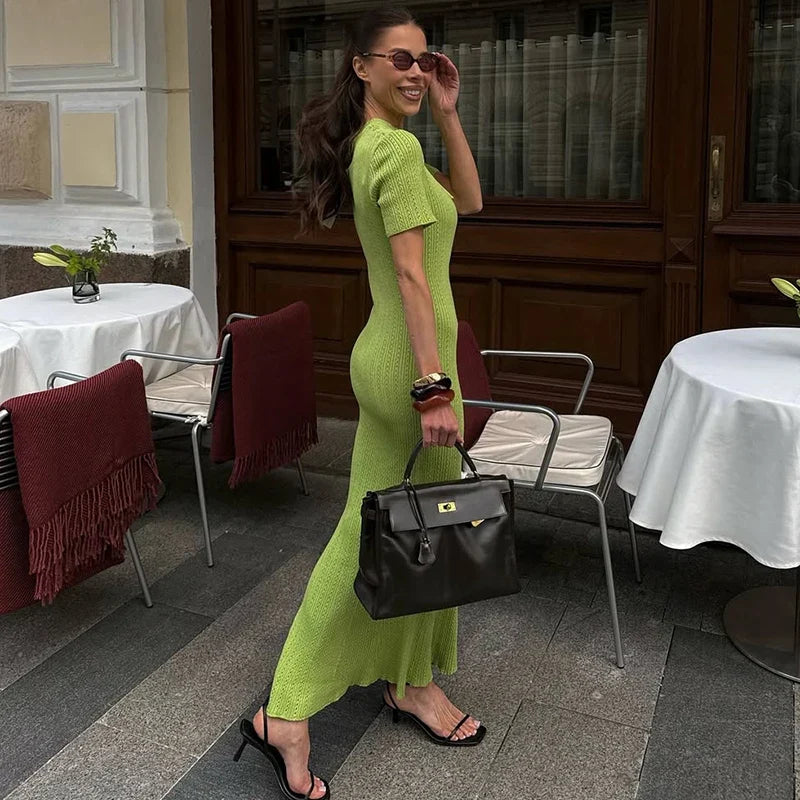 Tornova Retro Knitted Long Dress Female Short Sleeve Slim Hollow Retro Elegant Sweater Dress 2025 Summer High Waist Woman Dress