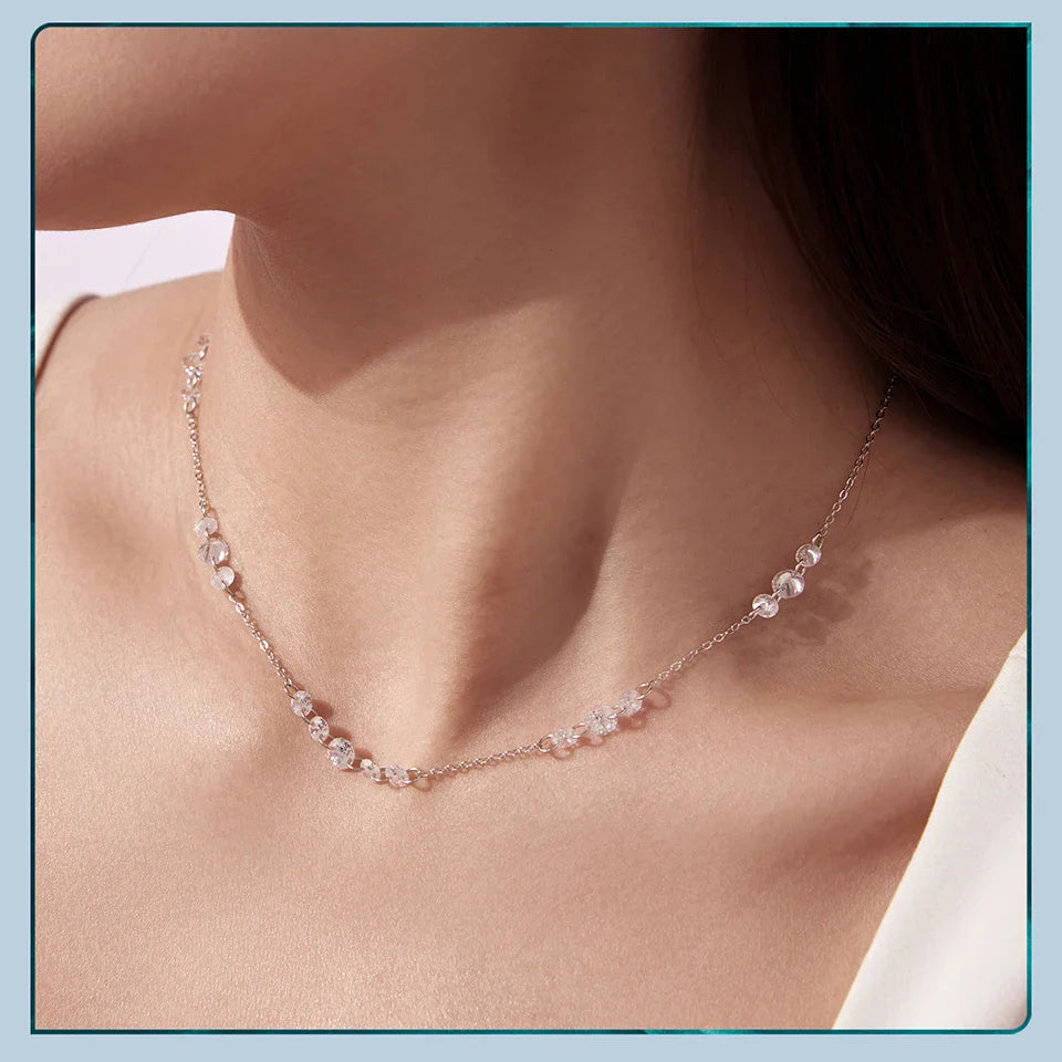 925 Sterling Silver Dancing Zircons Necklace Sparkling Crystal Round Beads O-Chain Link Original for Women Stacking Gift