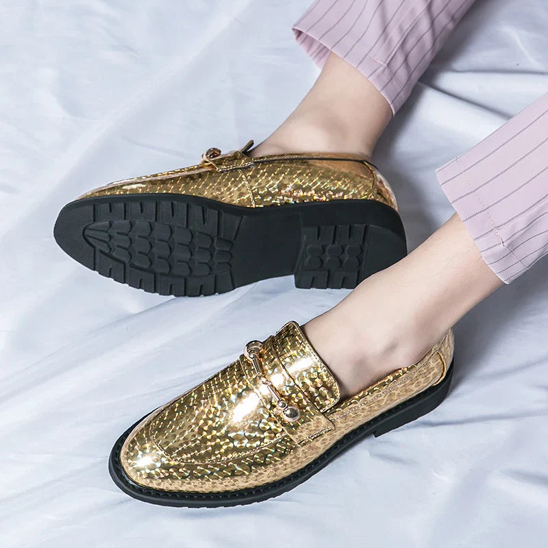 Men's Glossy Leather Shoes European American Luxury Blue High-end Banquet Loafers Commuting Party Dress Formal Shoes Size：38-46