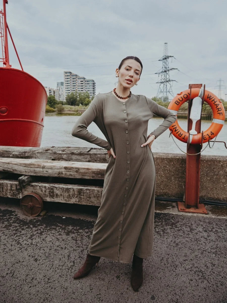 AW25 ribbing maxi dress woman fashion V neck comfortable button dress