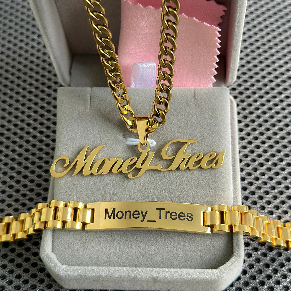 New Men's Name Bracelet Necklace Set Stainless 5mm Cuban Chain Large Nameplate Pendant Carved Name Bracelet Custom Set Jewelry