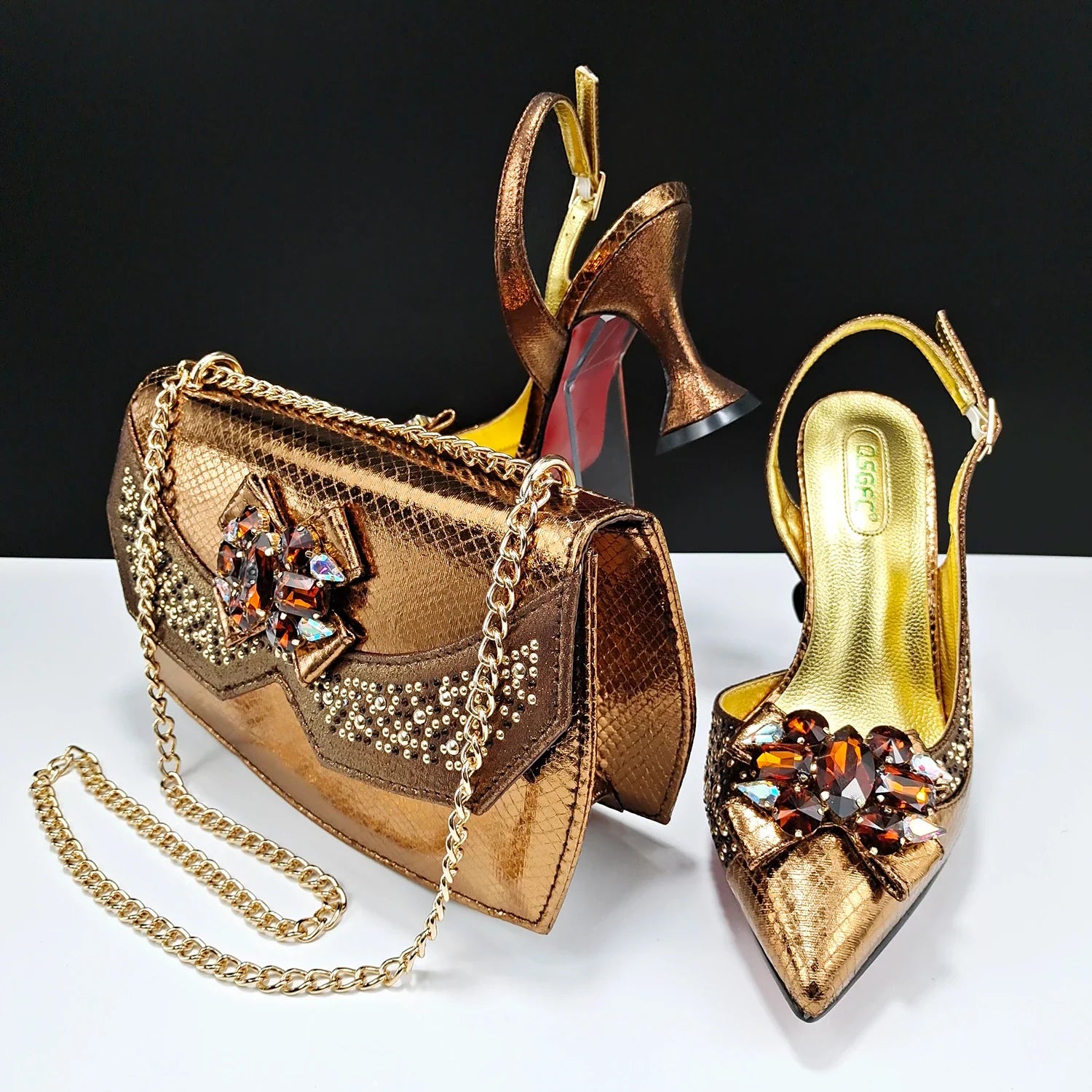 Italian Design Faux Snakeskin Texture Red Shoes And Bags