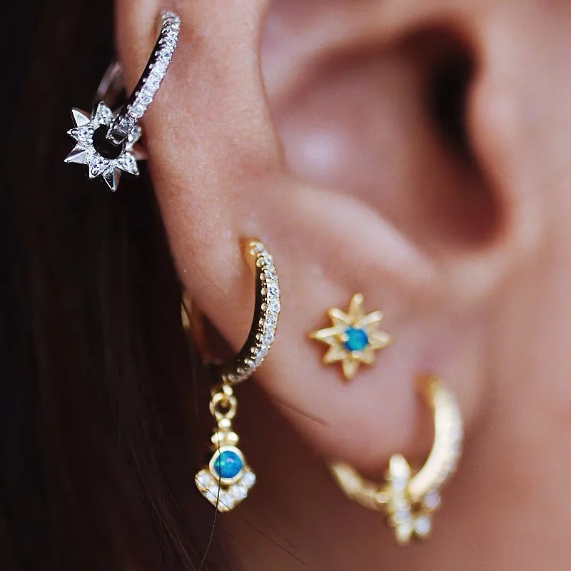 925 Sterling Silver Earring Zircon Sun Flower Ear Ring Geometric Style Water Drop Ear Bone Cute Temperament Woman Girl Ear Jewel