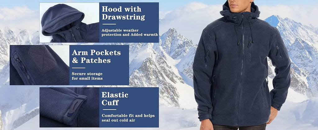 Fall Winter Men's Hooded Fleece Jacket Full Zip Up Soft Warmth Windproof Coat Outdoors Working Hiking Fishing Outerwear