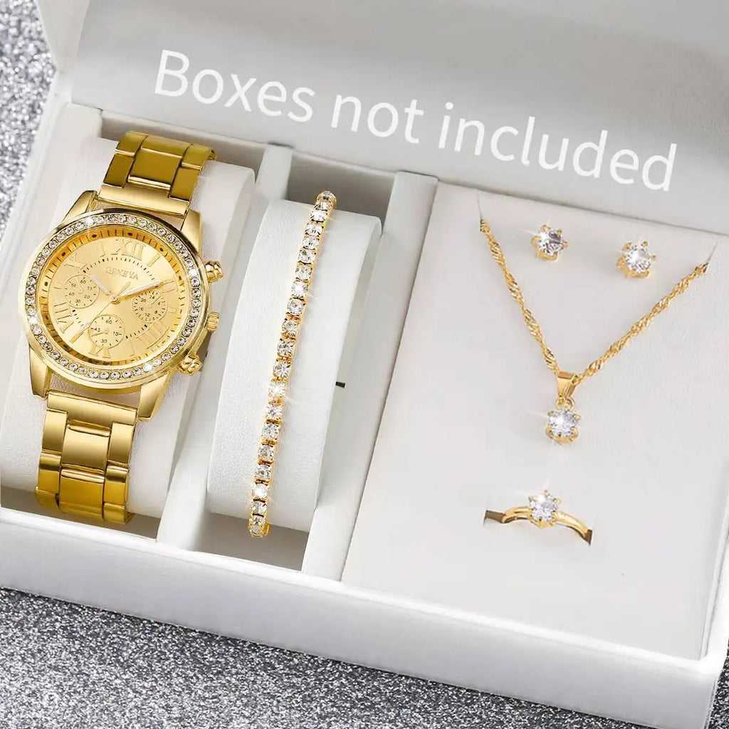 6PCS/Set Fashion Rhinestone Women Watches Analog Quartz Wrist Watch Jewelry Set Reloj Mujer（Without Box）