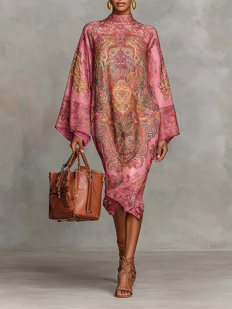 Fashion Print Long Dress Women 2025 Autumn Long Sleeve Loose Half High Collar Maxi Dresses Elegant Robes Femme