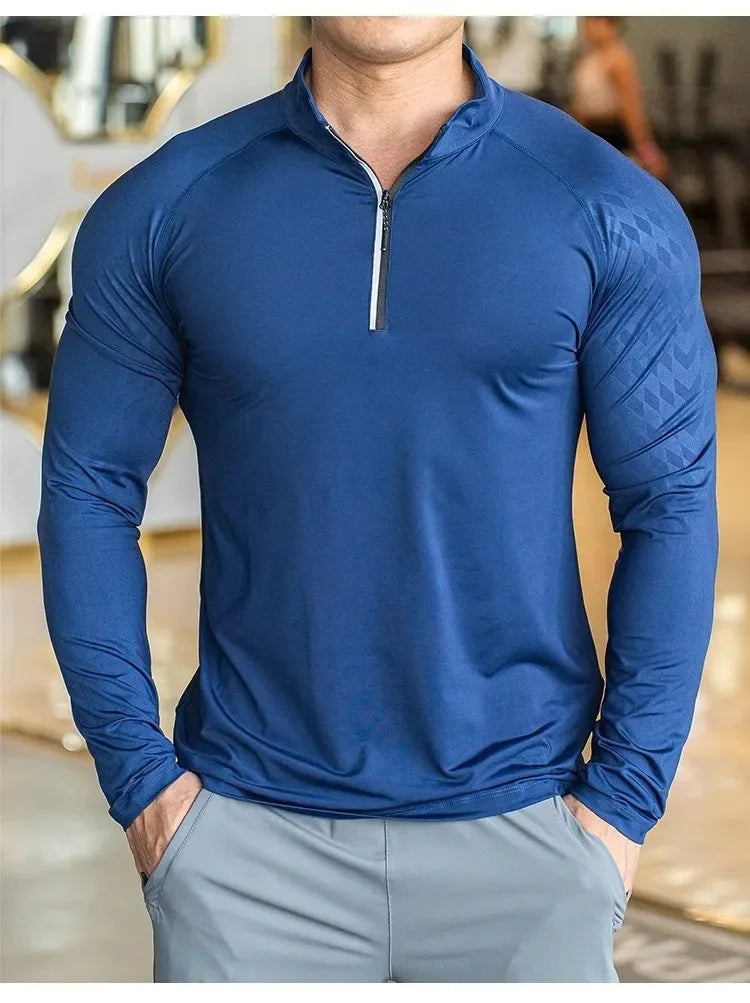 New Autumn Winter Running Gym Men Shirt Long Sleeve Tees Elastic Fit Sports Training Fitness Quick Dry Zip Collar Polo T Shirt