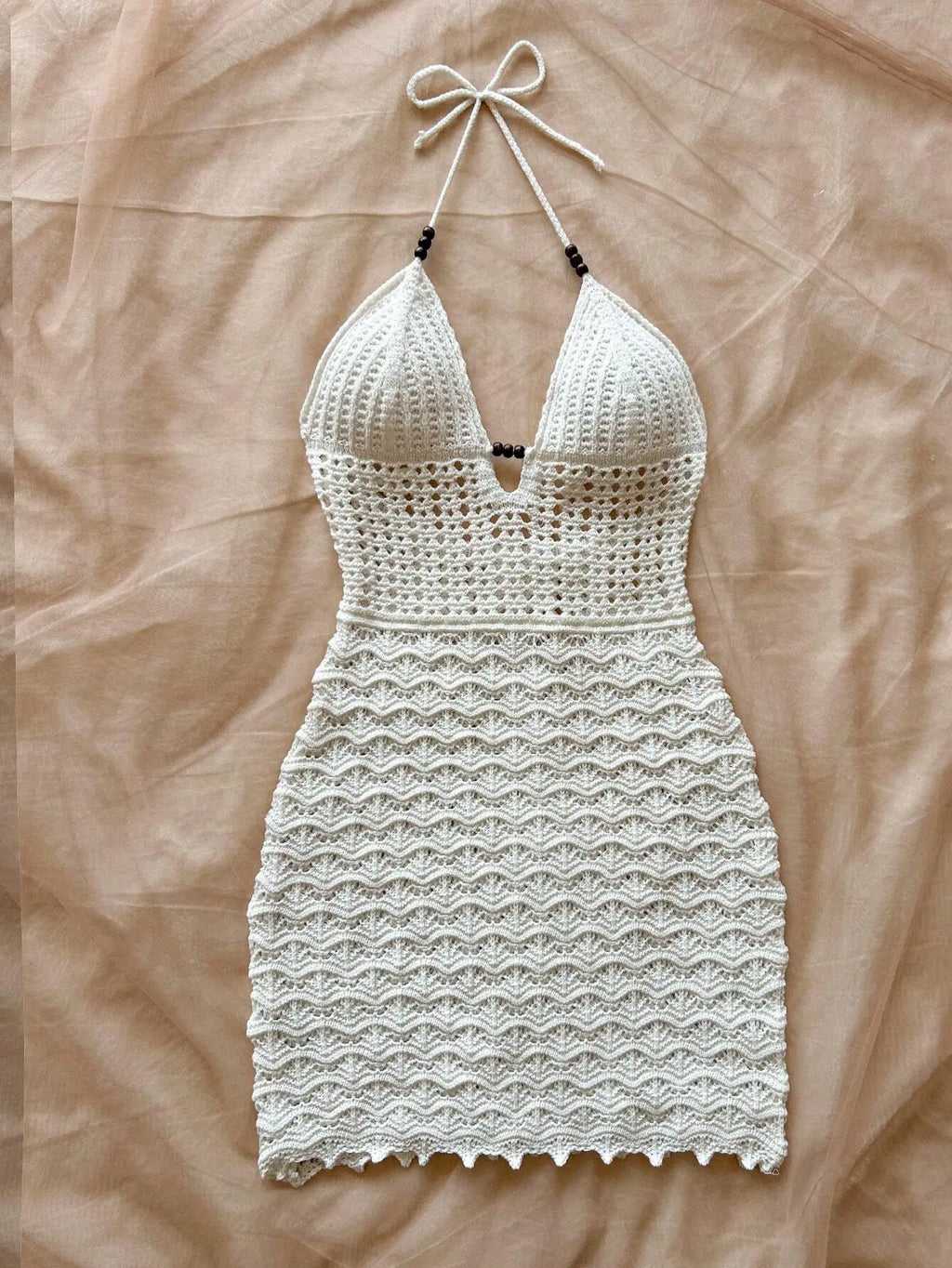 Summer Sexy V-Neck Hollow-Out Wooden Beads Fitted Dress, Vacation Spaghetti Strap Backless Ombre Knitted Dress, Suitable