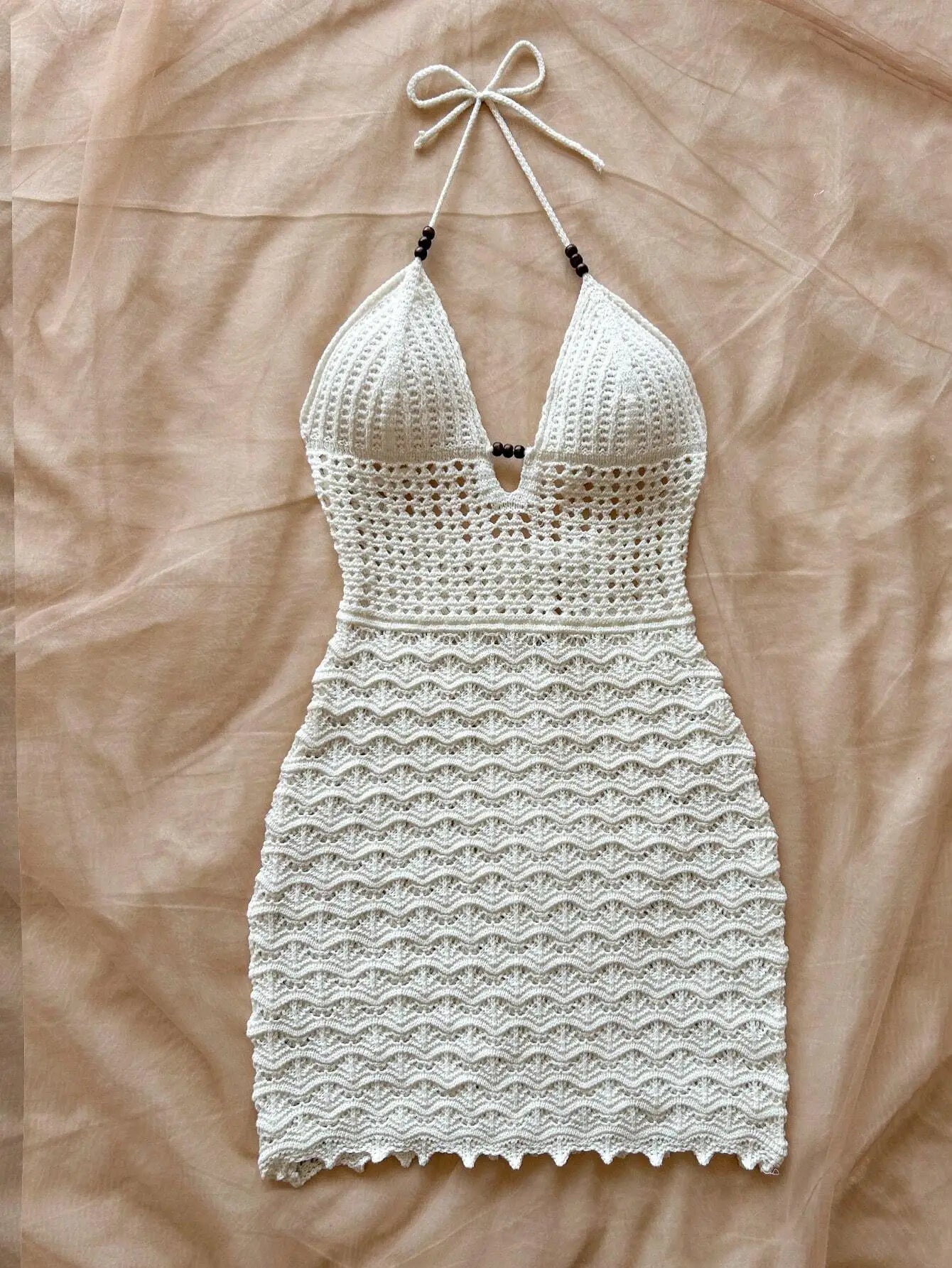 Summer Sexy V-Neck Hollow-Out Wooden Beads Fitted Dress, Vacation Spaghetti Strap Backless Ombre Knitted Dress, Suitable