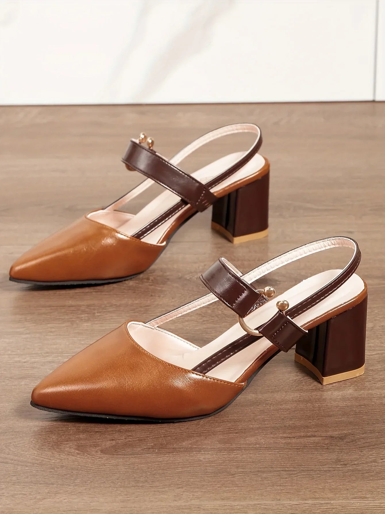 Women's Pointed Toe Block High Heel Sandals, Fashion Solid Color Slingback Shoes, Versatile Mid Heels