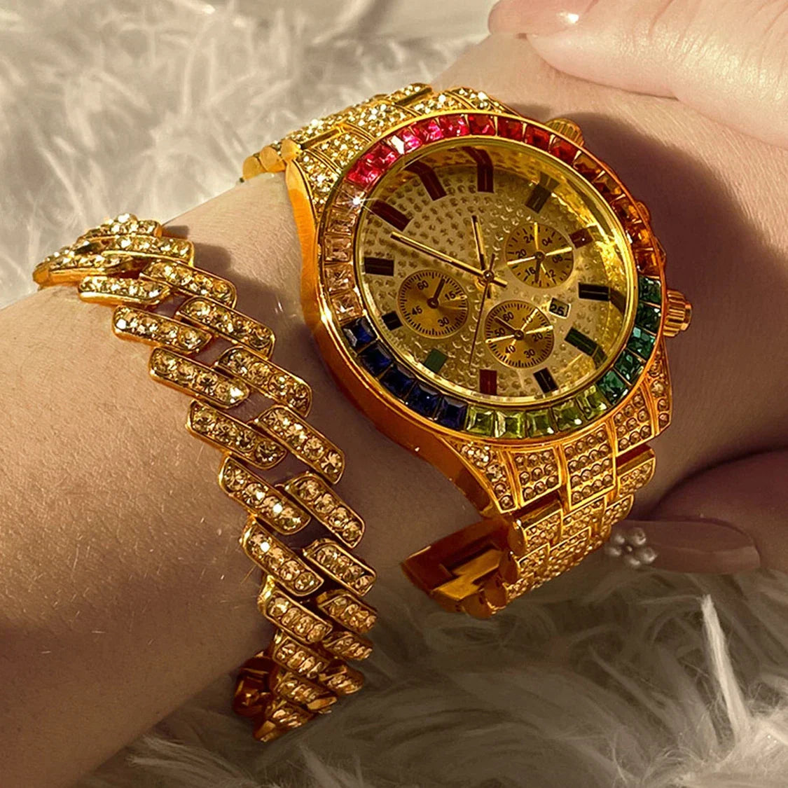 Fashion Hiphop Women Quartz Watch Luxury Cuban Bracelet Chain Sets Rhinestones Dress Wristwatch For Ladies Gift