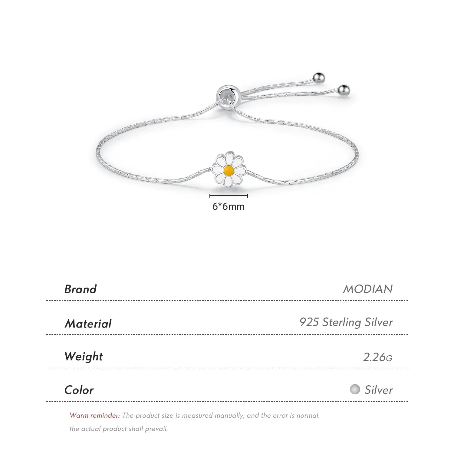 925 Sterling Silver Exquisite Enamel Daisy Flowers Bracelet Trendy Adjustable Snake Chain For Women Valentine’s Day Gifts