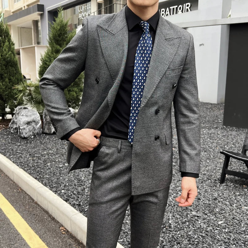 Men Vintage Luxury Double Breasted Slim Fit Lapel Evening Gown ltalian Style Fashion High-end Groom Wedding Party Tuxedo 2 Piece