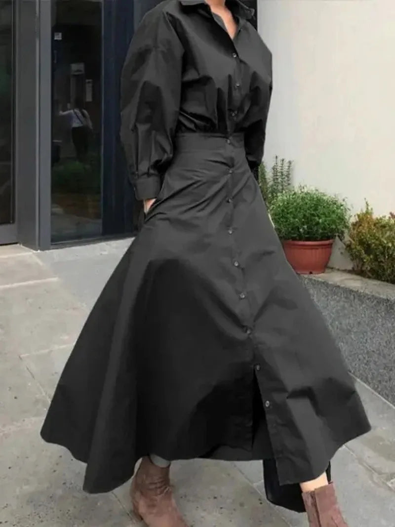 Women Casual Long Shirts Dresses 2025 Summer Spring Clothes Khaki Puff Sleeves Botton Simple Maxi Dresses for Women