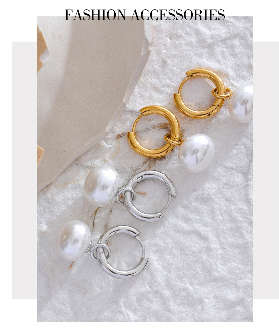 High Quality Imitation Pearls Drop Stainless Steel Golden Korean Hoop Earrings Charms Fashion Jewelry Bijoux Femme Gift