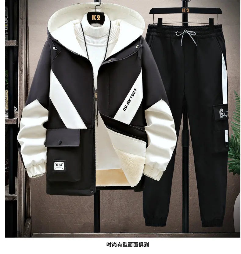 Winter Tracksuit Men Warm Sports Printed Thick Suit Mens Casual Hooded jacket+Pants Sweatsuit Male 2 Piece Sportswear