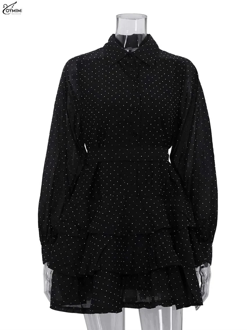 Fashion Black Rhinestone Women's Dress Casual Lapel Long Sleeve Button Dresses Elegant New Lace-Up Pleated Mini Dresses