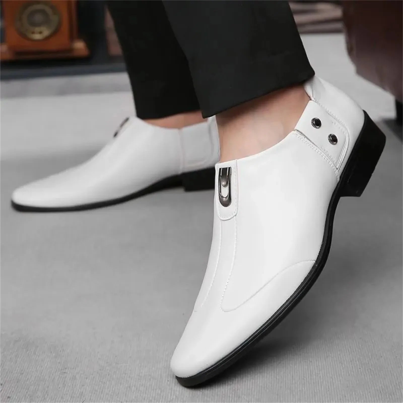 White Men'S Soft Leather Casual Loafers Comfortable Business Work Formal Spring Slip-On Metallic Dress Shoes Sole Polyurethane