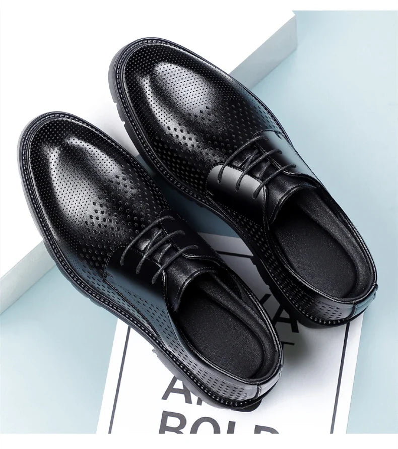 Summer Hollow Out Breathable Men Height Increasing Oxford Shoes 8/10CM Formal Business Dress Wedding Party Elevated Leather Shoe